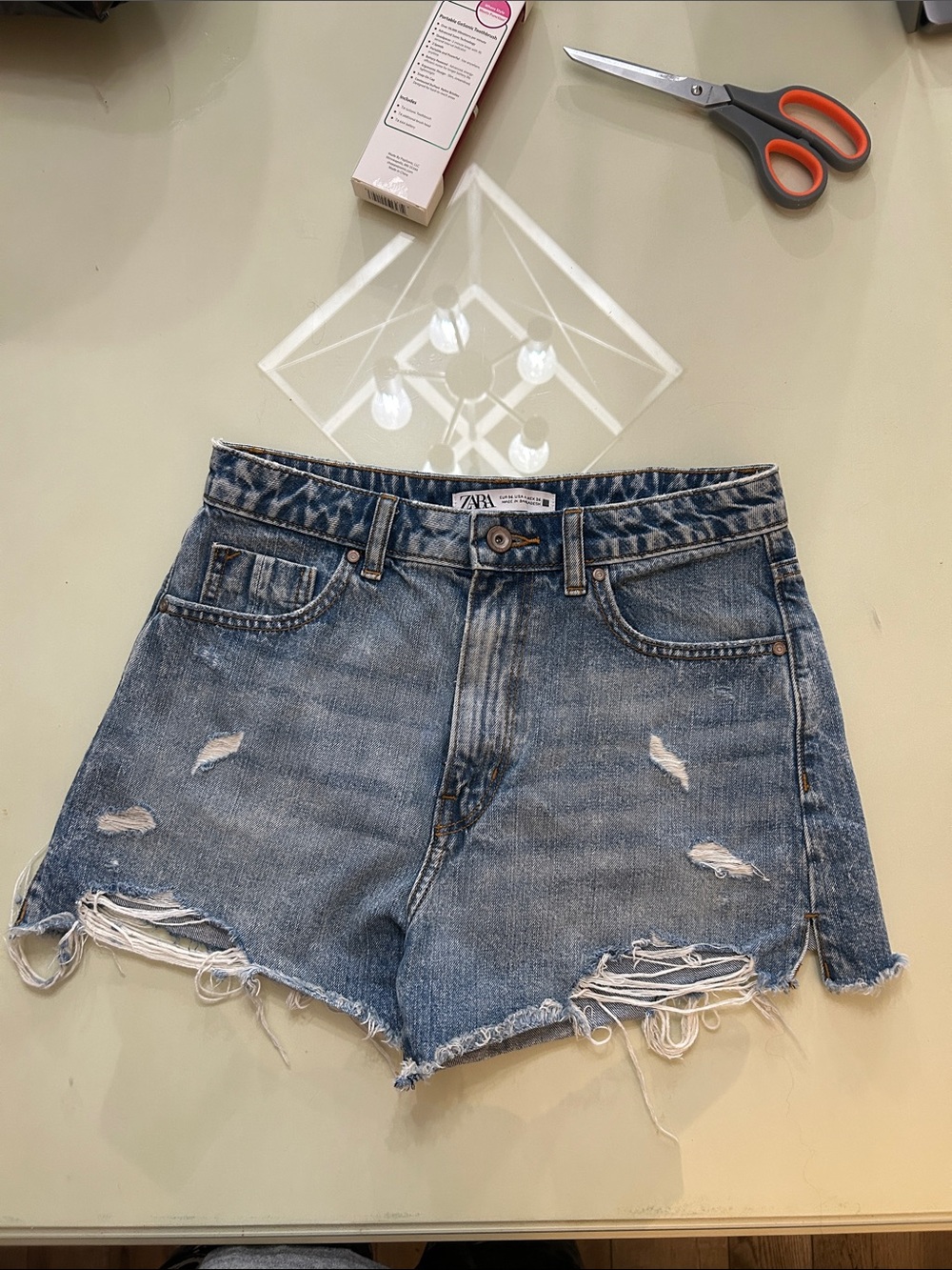 Zara Distressed Light Blue High-Waist Denim Shorts